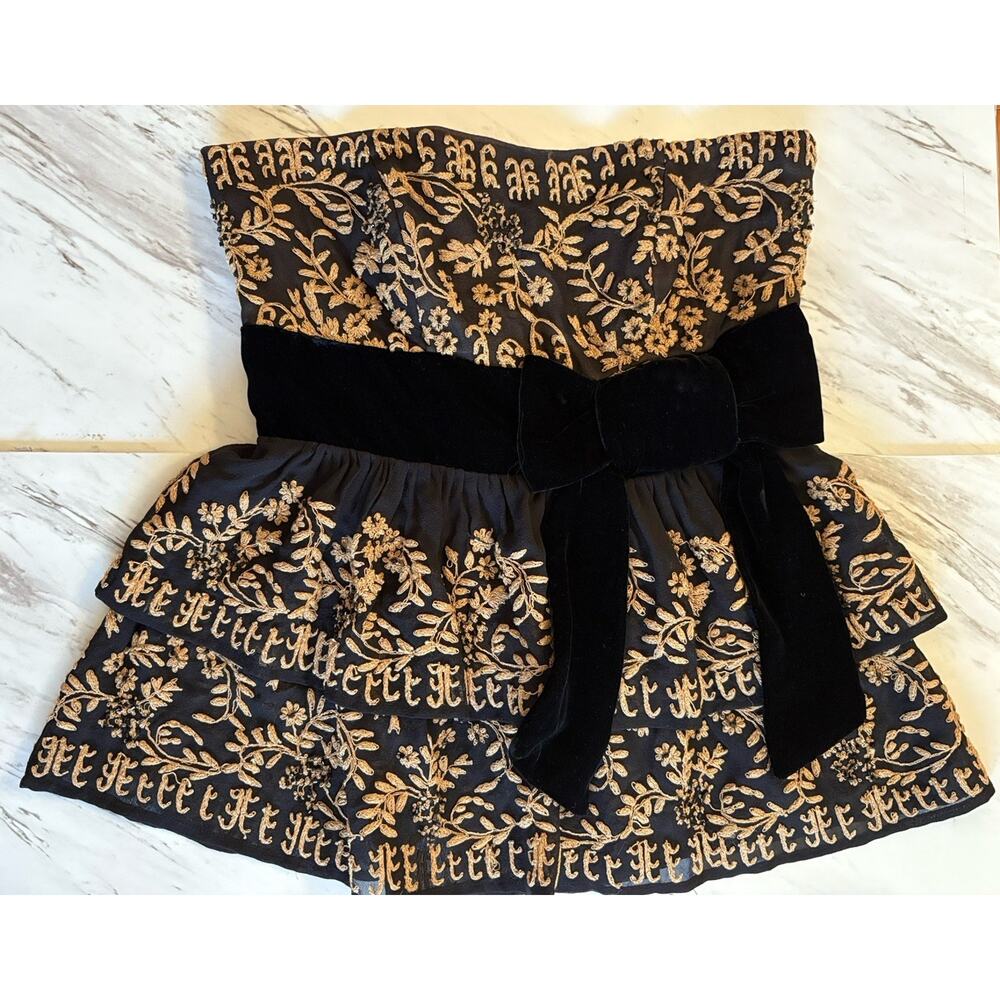 Tracy Reese Holiday Party Sweetheart Silk Top, Black Velvet Bow, Tiered - Size 2 - Picture 4 of 8